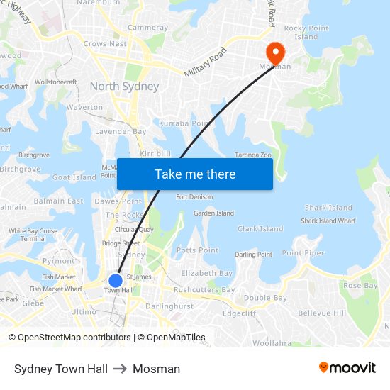 Sydney Town Hall to Mosman map