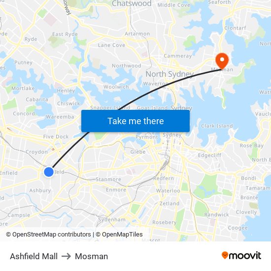 Ashfield Mall to Mosman map