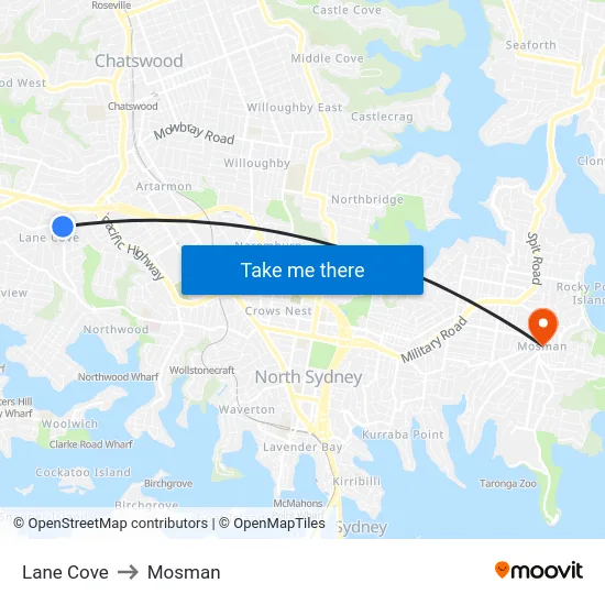 Lane Cove to Mosman map
