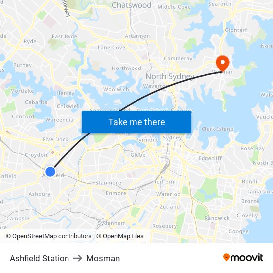 Ashfield Station to Mosman map