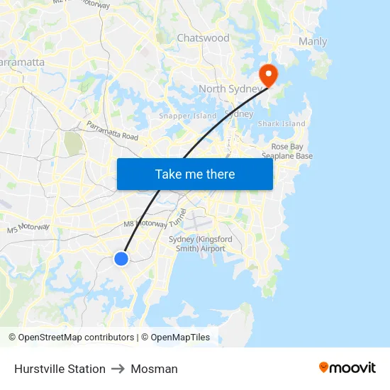 Hurstville Station to Mosman map