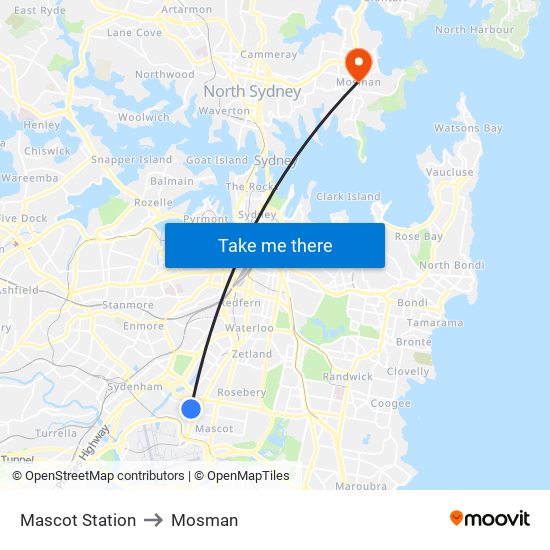 Mascot Station to Mosman map