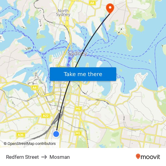 Redfern Street to Mosman map