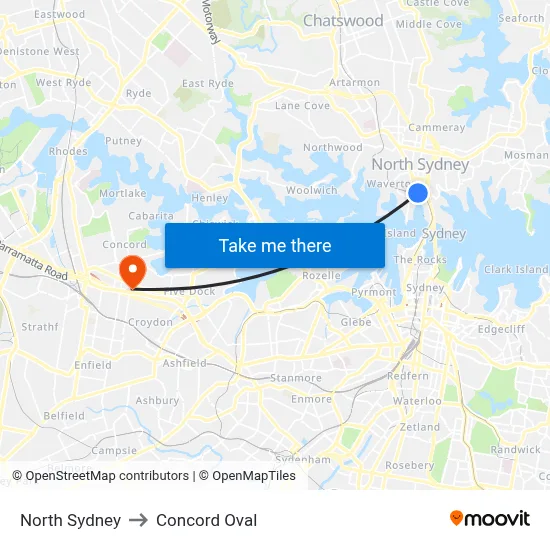 North Sydney to Concord Oval map
