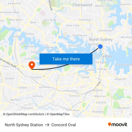 North Sydney Station to Concord Oval map