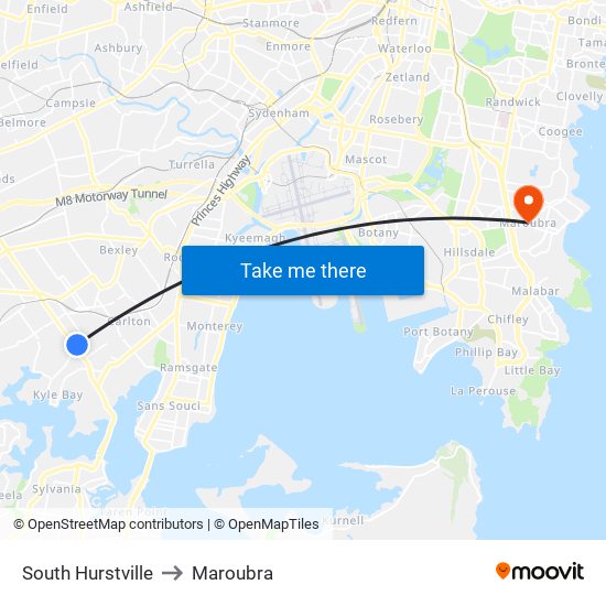 South Hurstville to Maroubra map