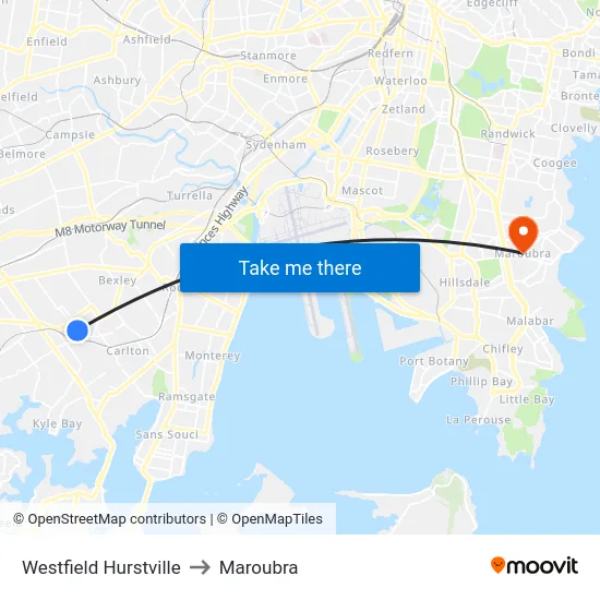 Westfield Hurstville to Maroubra map