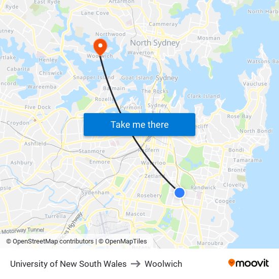 University Of New South Wales to Woolwich map