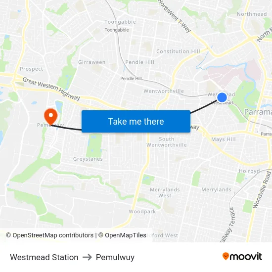 Westmead Station to Pemulwuy map