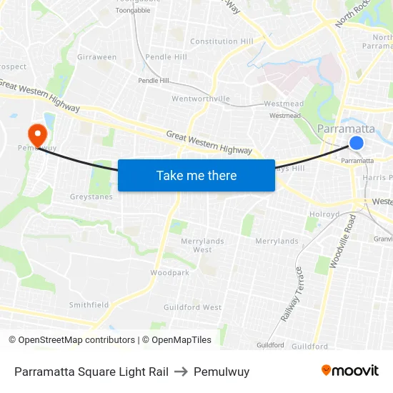 Parramatta Square Light Rail to Pemulwuy map