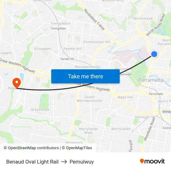 Benaud Oval Light Rail to Pemulwuy map