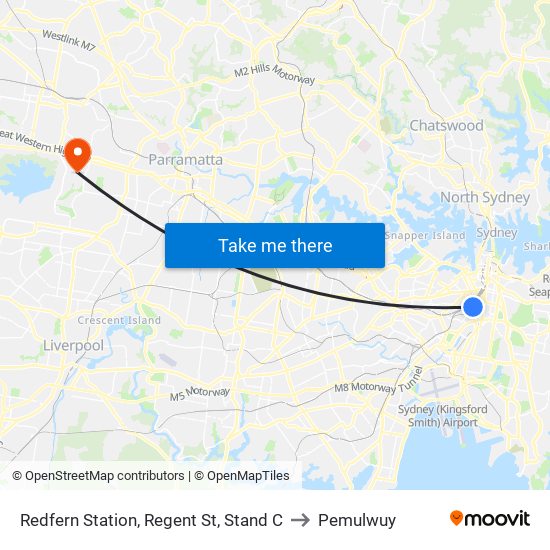 Redfern Station, Regent St, Stand C to Pemulwuy map