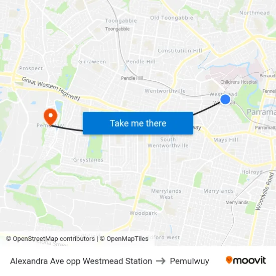 Alexandra Ave opp Westmead Station to Pemulwuy map