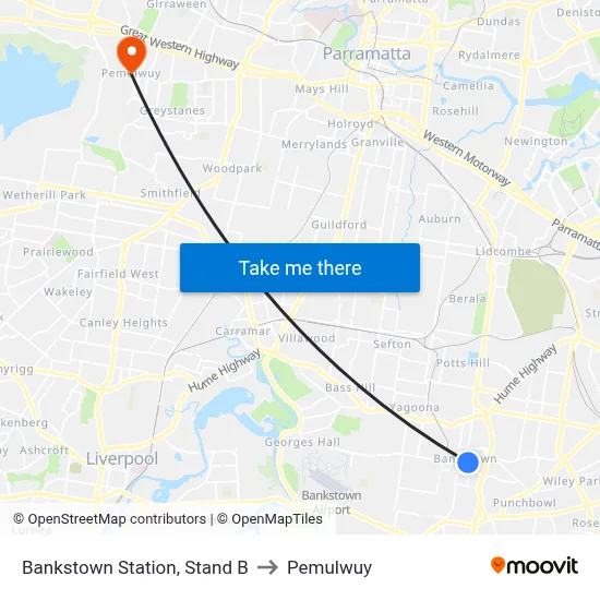 Bankstown Station, Stand B to Pemulwuy map
