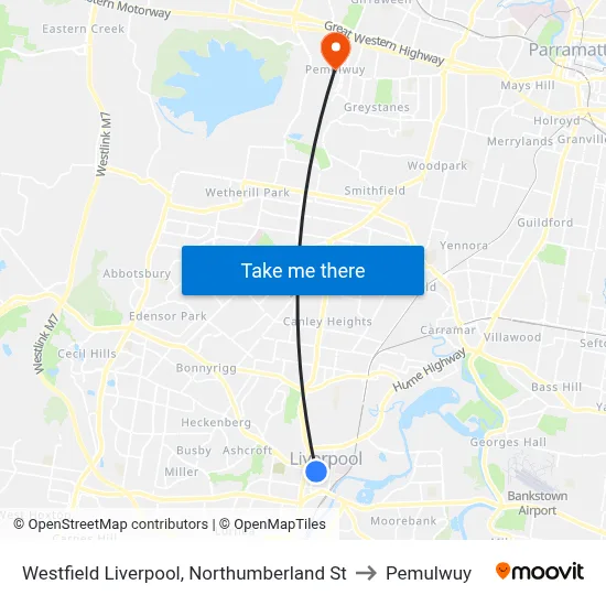 Westfield Liverpool, Northumberland St to Pemulwuy map