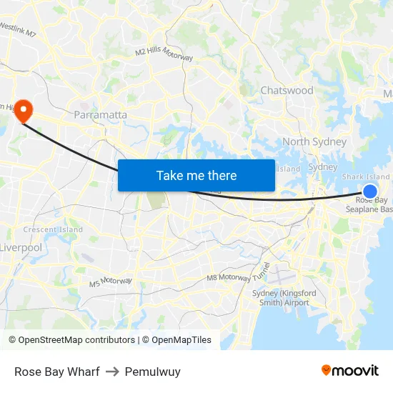 Rose Bay Wharf to Pemulwuy map
