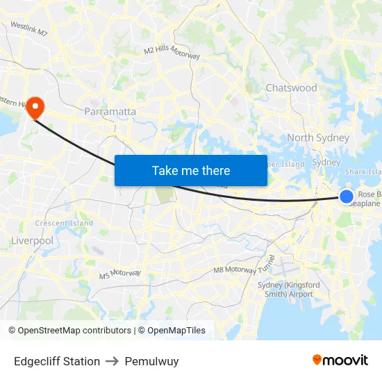 Edgecliff Station to Pemulwuy map