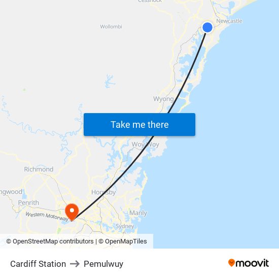 Cardiff Station to Pemulwuy map