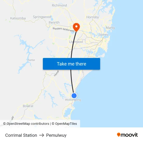 Corrimal Station to Pemulwuy map