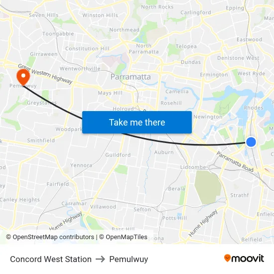 Concord West Station to Pemulwuy map