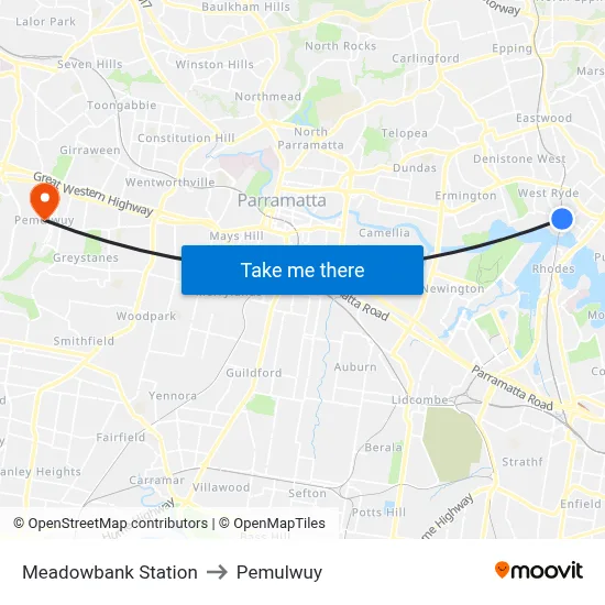 Meadowbank Station to Pemulwuy map