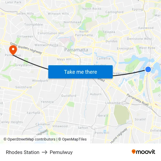 Rhodes Station to Pemulwuy map