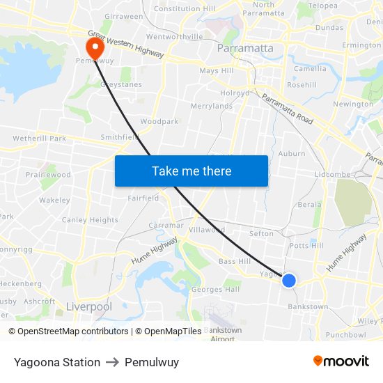 Yagoona Station to Pemulwuy map