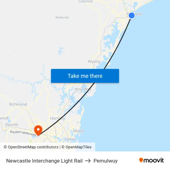 Newcastle Interchange Light Rail to Pemulwuy map
