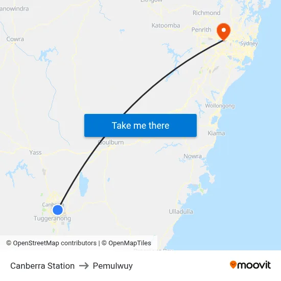 Canberra Station to Pemulwuy map