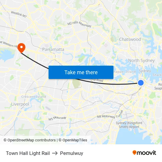 Town Hall Light Rail to Pemulwuy map