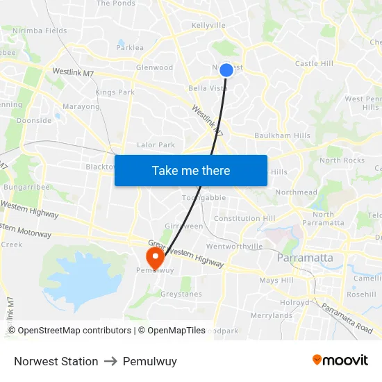 Norwest Station to Pemulwuy map