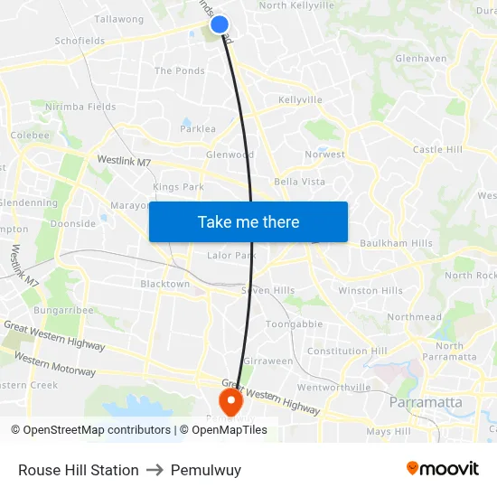 Rouse Hill Station to Pemulwuy map