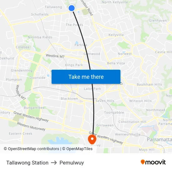 Tallawong Station to Pemulwuy map