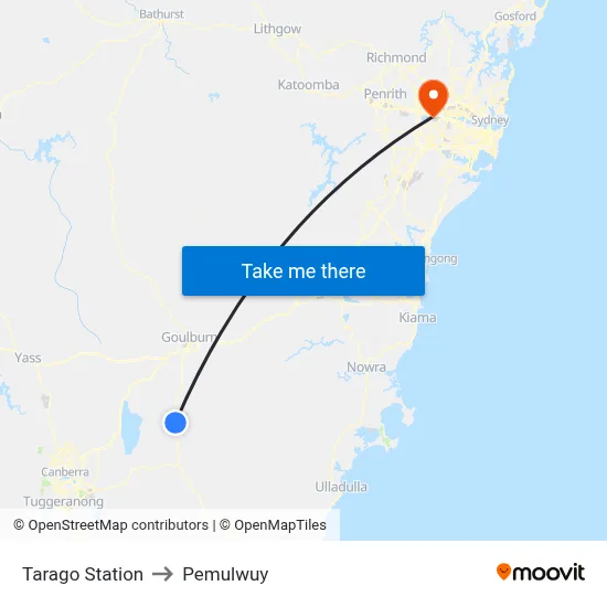 Tarago Station to Pemulwuy map