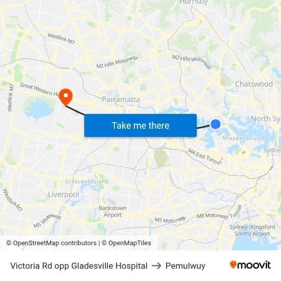 Victoria Rd opp Gladesville Hospital to Pemulwuy map