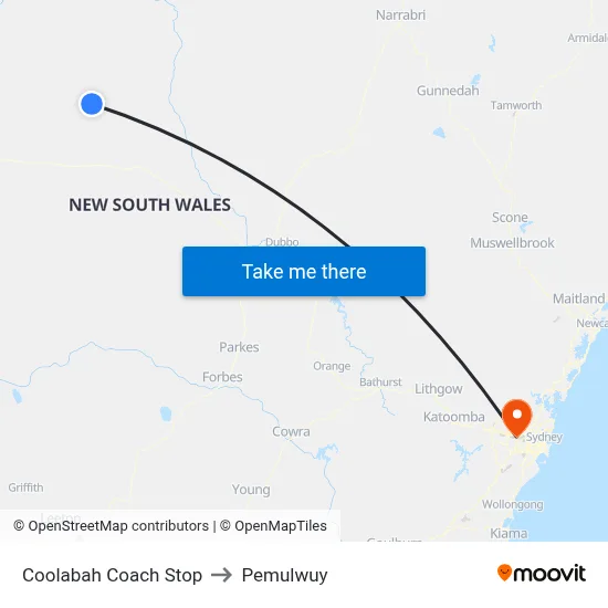 Coolabah Coach Stop to Pemulwuy map