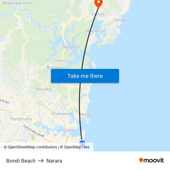 Bondi Beach to Narara map