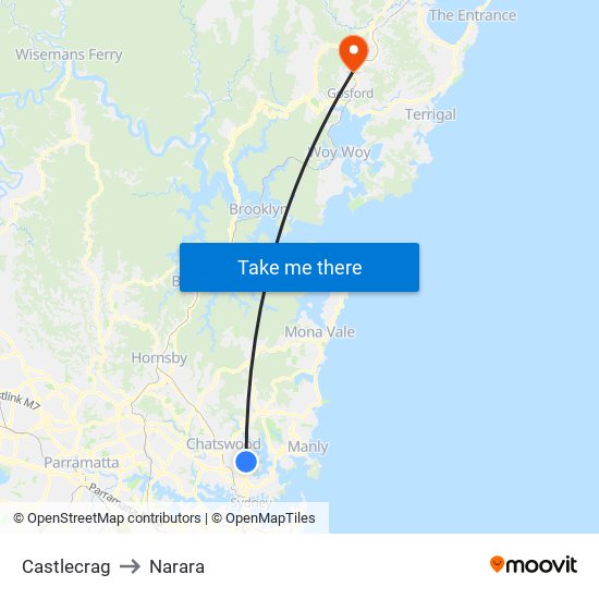 Castlecrag to Narara map