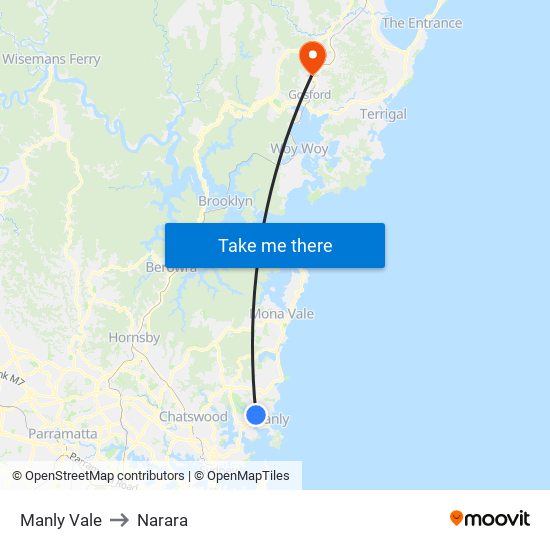 Manly Vale to Narara map