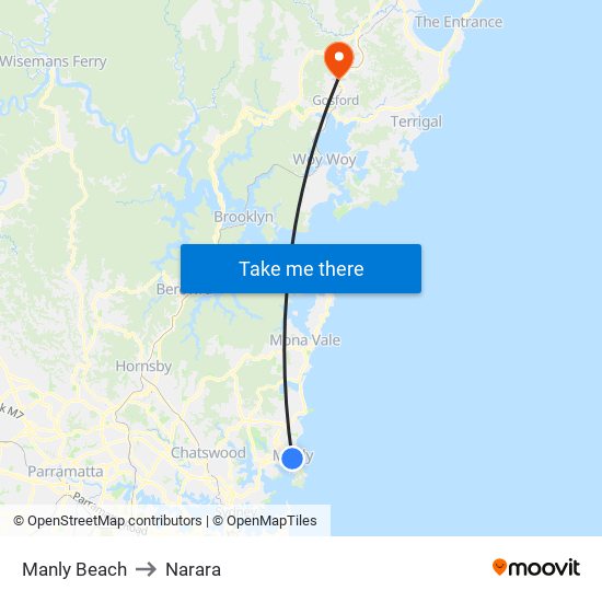 Manly Beach to Narara map