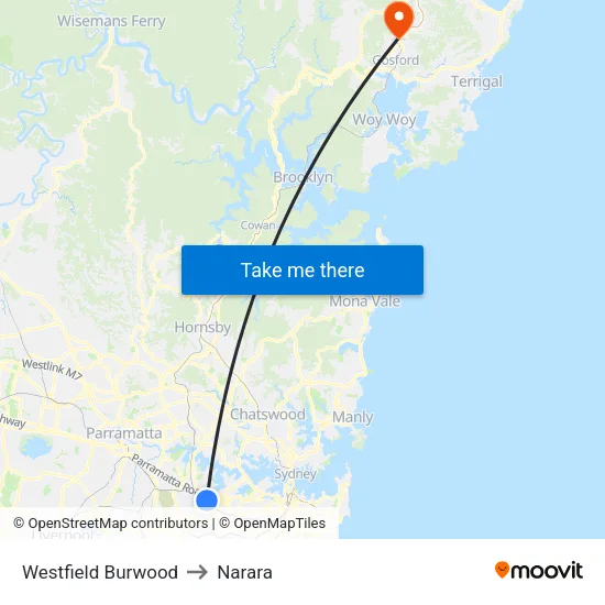Westfield Burwood to Narara map