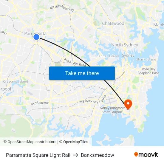 Parramatta Square Light Rail to Banksmeadow map