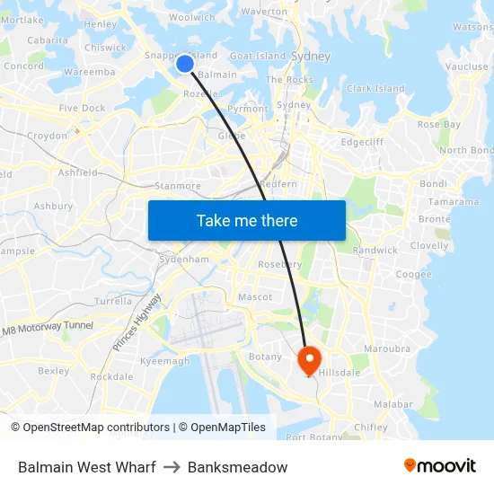 Balmain West Wharf to Banksmeadow map