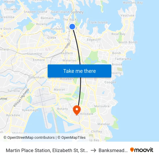 Martin Place Station, Elizabeth St, Stand G to Banksmeadow map