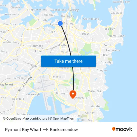 Pyrmont Bay Wharf to Banksmeadow map