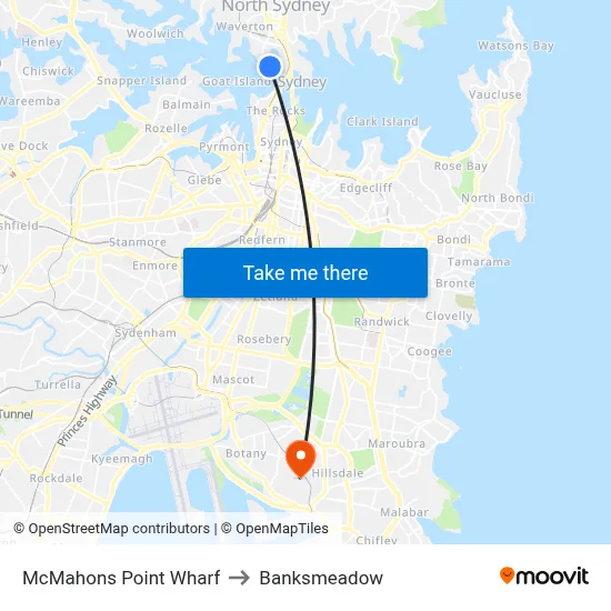 McMahons Point Wharf to Banksmeadow map