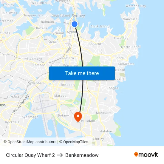 Circular Quay Wharf 2 to Banksmeadow map
