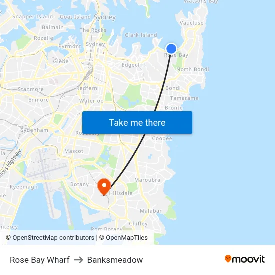 Rose Bay Wharf to Banksmeadow map