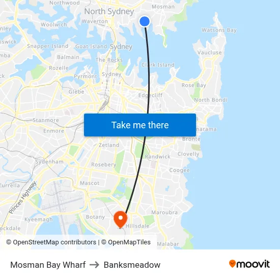 Mosman Bay Wharf to Banksmeadow map