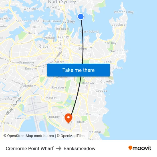 Cremorne Point Wharf to Banksmeadow map